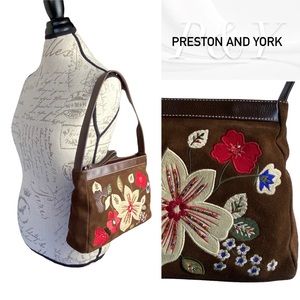 Vtg Embroidered Boho Beads Brown Soft Suede Baguette Shoulder Handbag Purse S